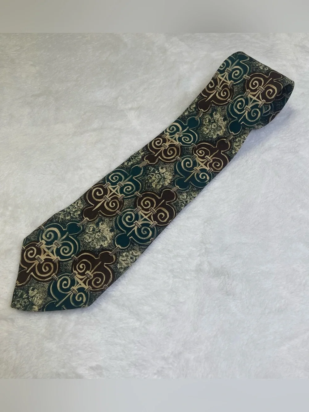 PATTINI Mens Vintage Silk Necktie Extra Long Geometric Swirl Teal Brown XL
